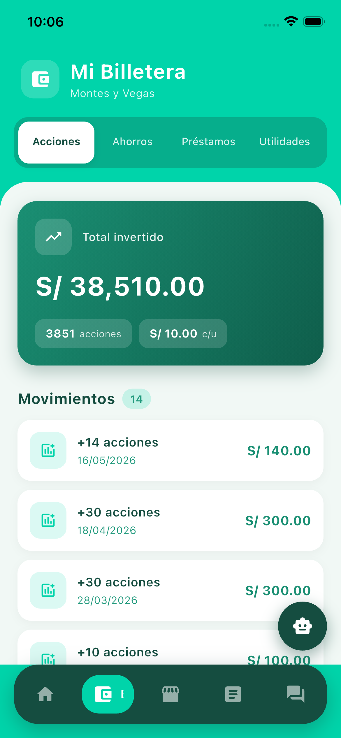 Billetera y movimientos de acciones en Qipi