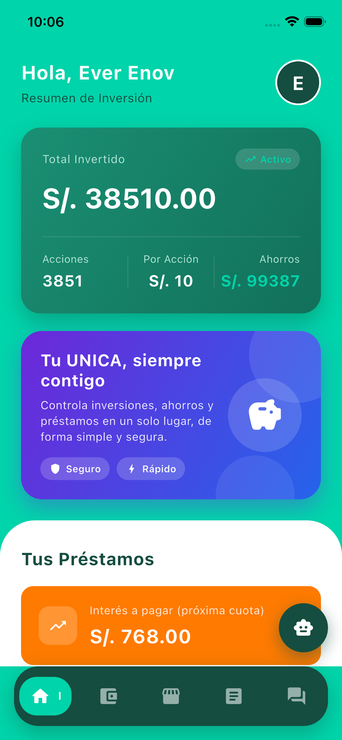 Resumen de inversión en la app Qipi
